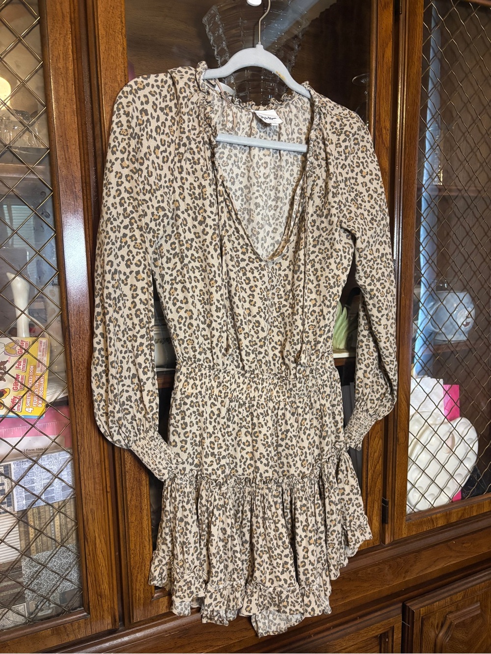 Saylor Moon Leopard Print Ruffle Neck Blouse - Neutral Tan